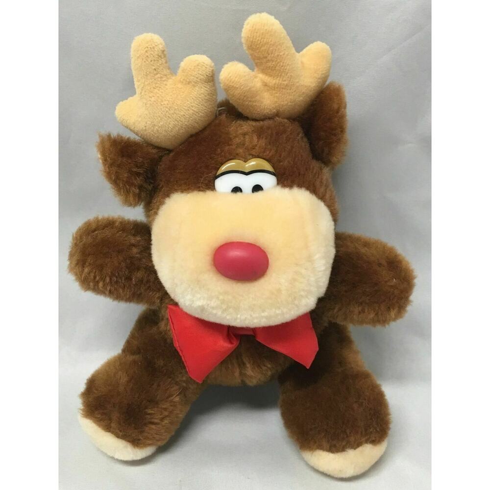 Vtg Fun World CHRISTMAS REINDEER PLUSH with Bow & CORDUROY ANTLERS